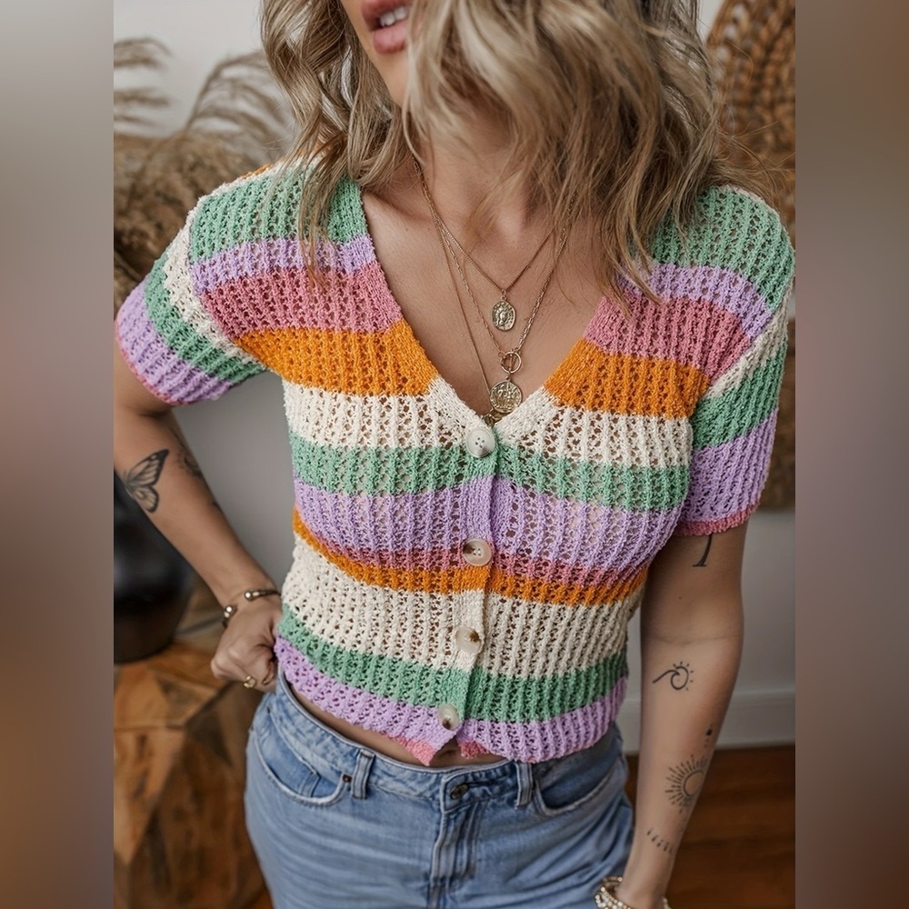Rainbow Striped Crochet Button-Up Cardigan